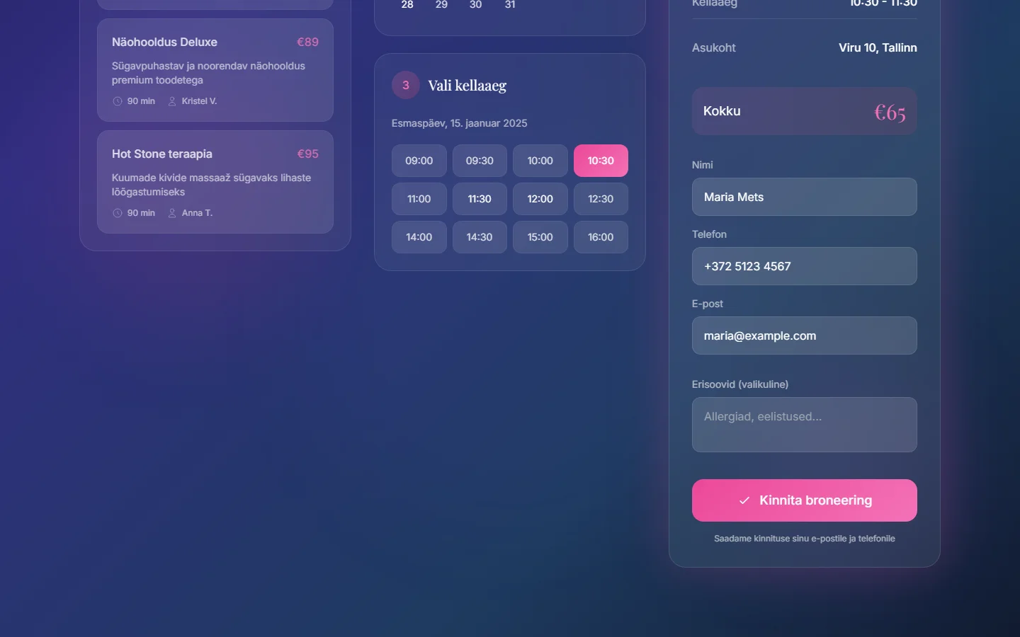 Teenuste ja kalendri vaade