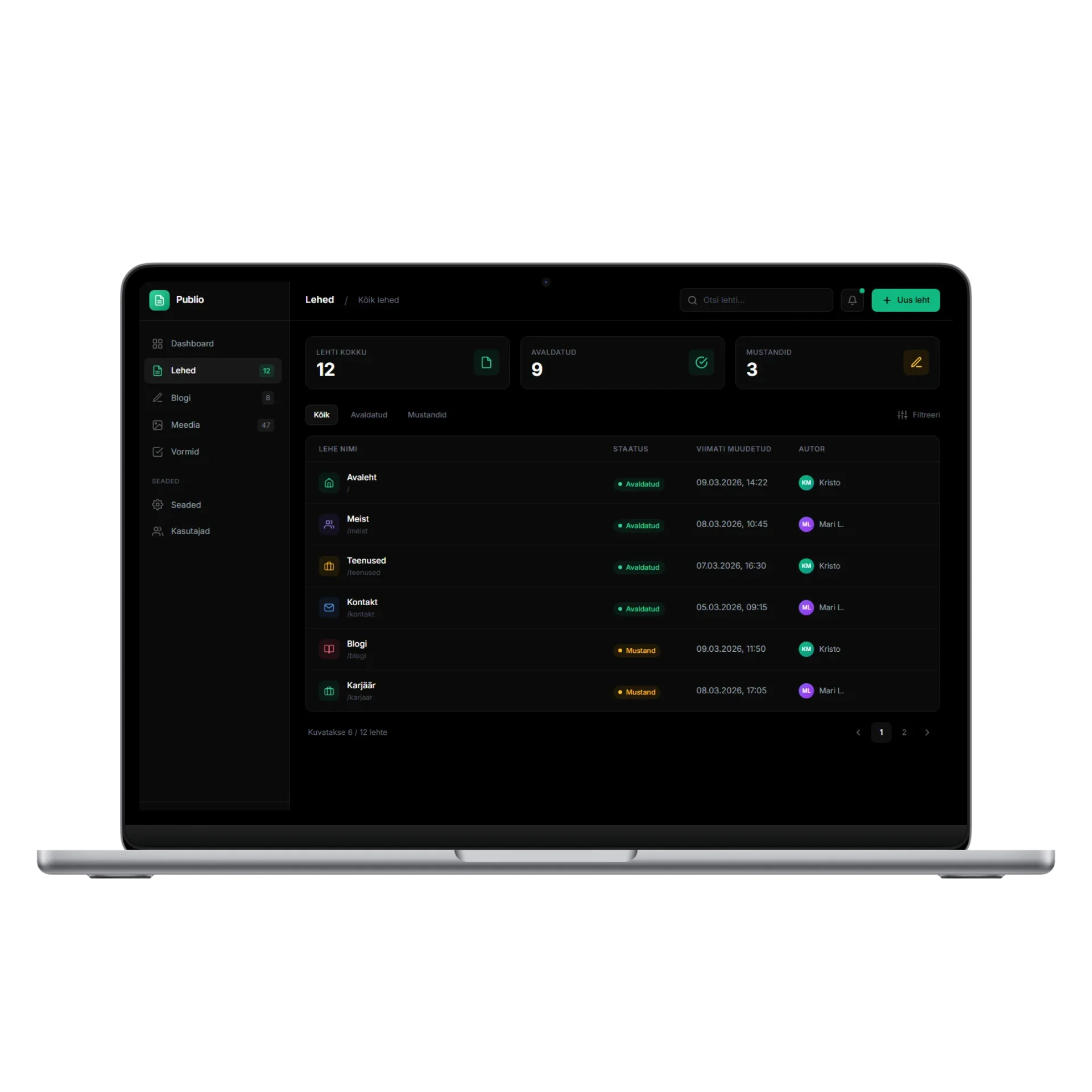 Publio CMS halduspaneel MacBook Pro ekraanil